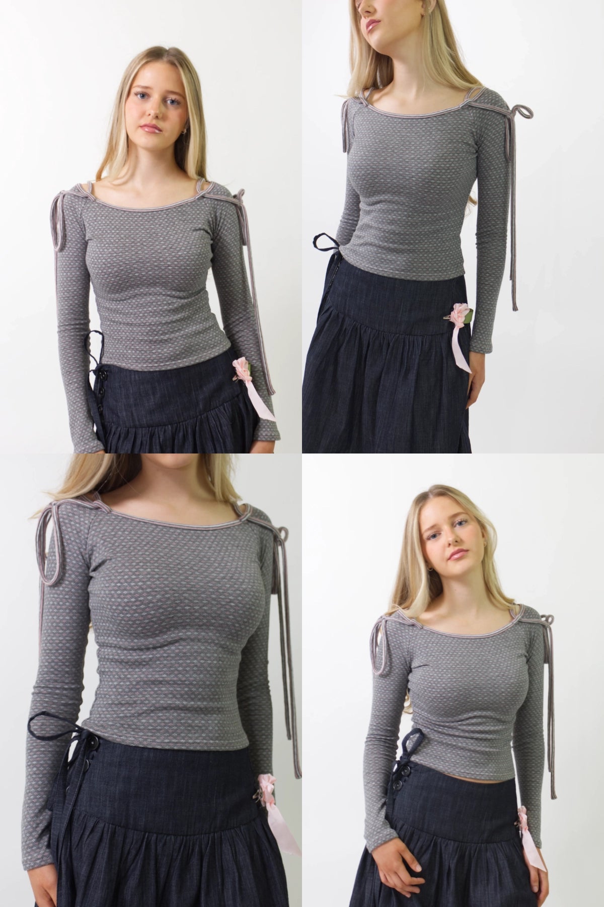A four-panel collage showing a woman modeling a fitted long-sleeve knit top with a wide boat neckline, shoulder tie details, and a dark skirt against a plain light background.