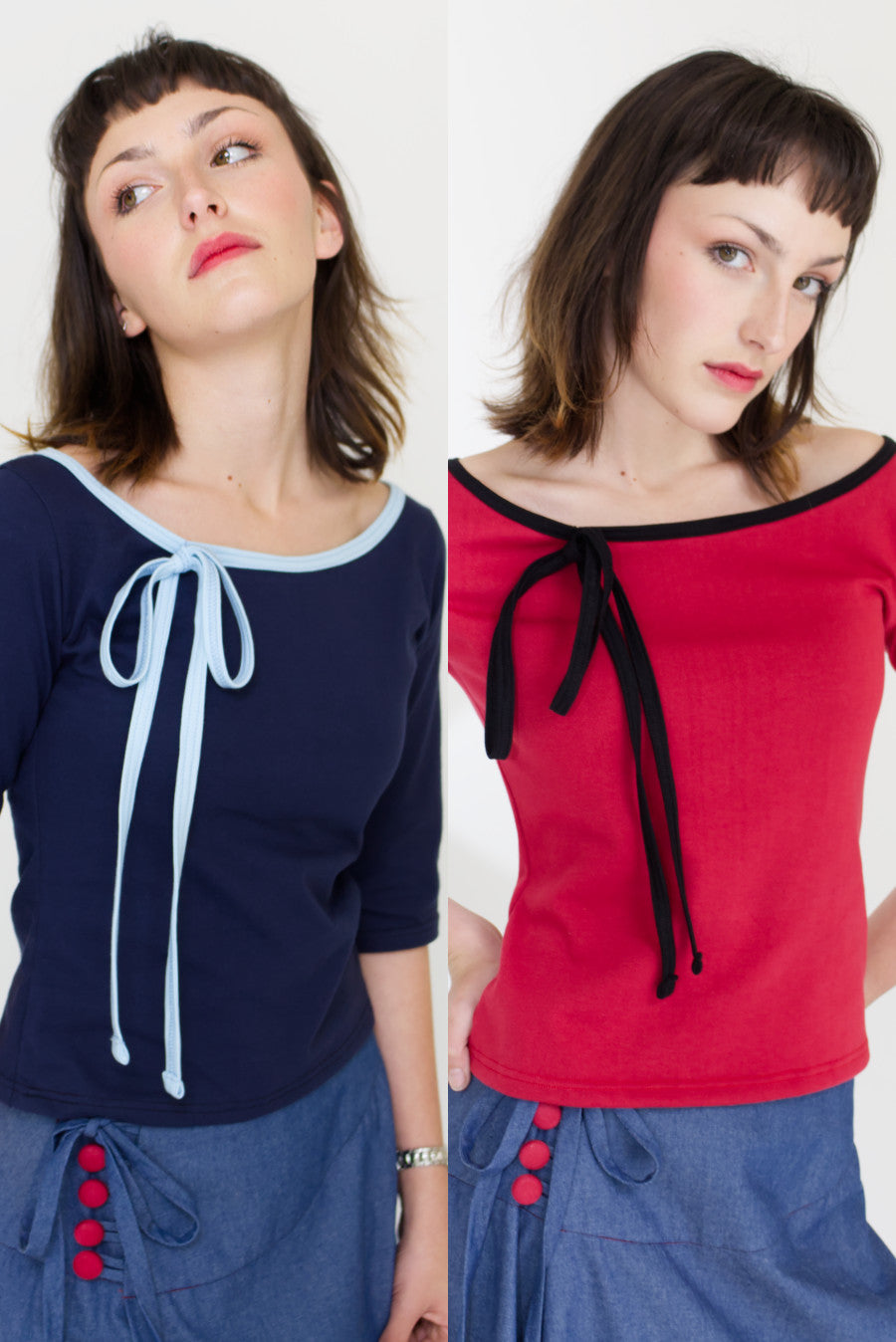 Two women wearing tops with bows and buttons, one navy and one red, on a white background.